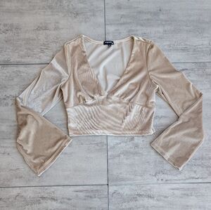 Originality Womens Mushroom Tan Velure Velvet Bell Sleeve V Neck Crop Top Medium